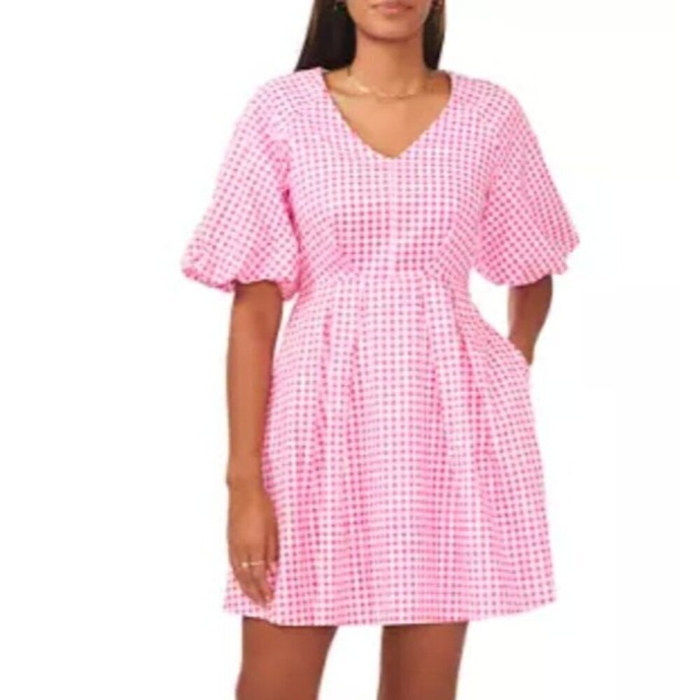 NWT Gingham Dress L Puff Sleeves Pleated Babydoll Cottage Country Rustic Western